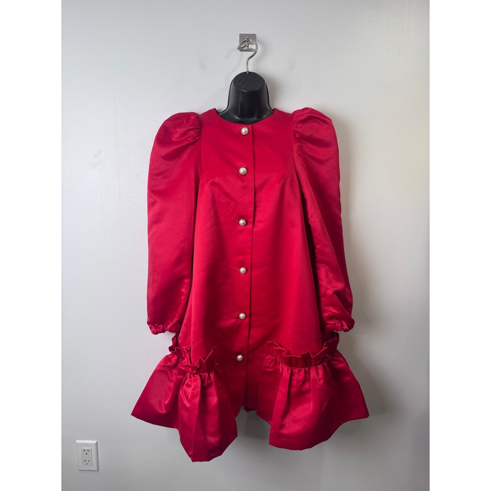 NWT Sleeper Mystery Puff Red Dress Ruffle Hem Pearl Button Satin Medium